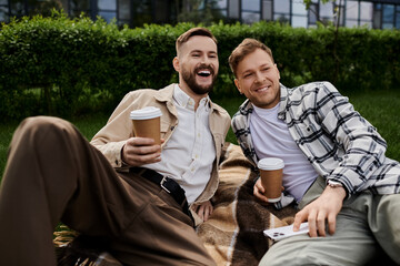 Fototapeta premium Two men in casual attire relaxing beside each other on a cozy blanket outdoors.