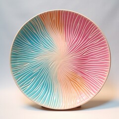 Decorative ceramic painted plate, handmade, isolated, closeup top view.