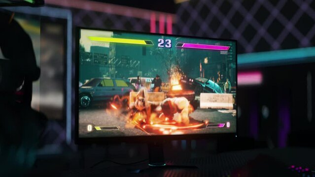 Player defeated in the deathly melee combat duel in the online computer simulator. Gamer defeated by the opponent in the death battle duel. Defeat screen after the death in the fighting duel.