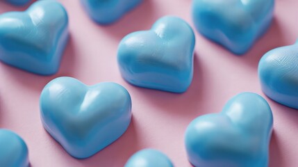 Soft baby pink background with cobalt blue hearts, close-up view.