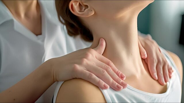 The patient's clavicle is pressed by physical therapists' hands.