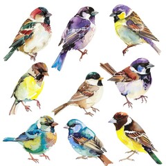 Fototapeta premium Set of Small Watercolor Sparrows in Bright Spring Colours for Art Textile Design