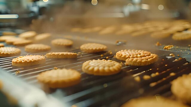 factory Cookie, food industry. Fabrication. Cookie production, food, bakery, cook, sweet, dessert, pastry, delicious, cookies, cake, tasty, oven, automatic, conveyor, bakehouse