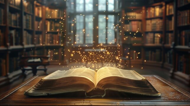 A book opened on podium in library. Glowing. Pages flipping. Generative AI.