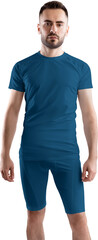 Blue t-shirt, compression suit mockup on bearded man, png, front view