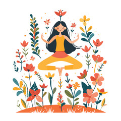Woman practicing yoga meditation surrounded colorful flowers plants. Peaceful female character lotus pose, calm relax concept, wellness mindfulness illustration. Cartoon style drawing yoga woman