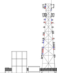 Vector illustration sketch of detailed engineering design drawing of airport signal antenna tower