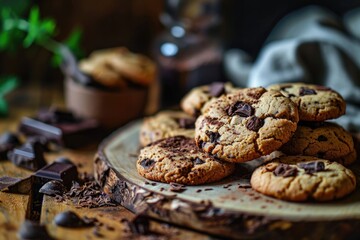 Chocolate chip cookies on a wooden background. tinting. selective focus