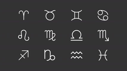 Animated horoscope signs white icons. Astrological signs line animation library. Horoscope fortune telling. Isolated illustrations on dark background. Transition alpha. HD video. Icon pack