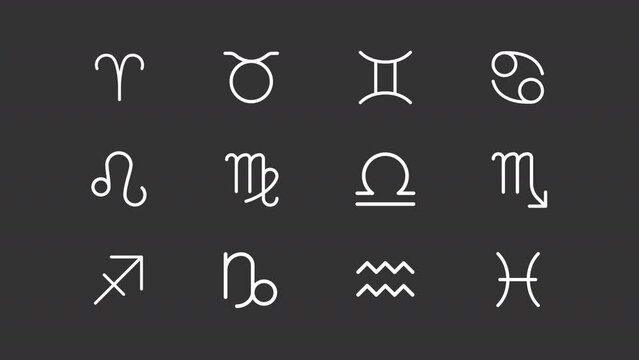 Animated horoscope signs white icons. Astrological signs line animation library. Horoscope fortune telling. Isolated illustrations on dark background. Transition alpha. HD video. Icon pack