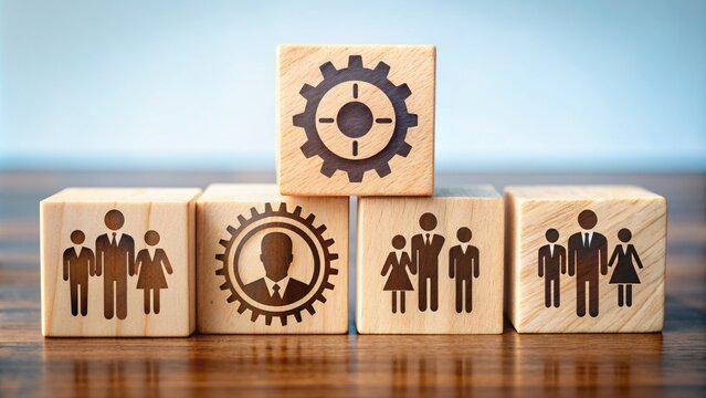 Wooden block with target icon connected to multiple human silhouettes via gears and cogs, symbolizing customer-centric data exchange and tailored service development.