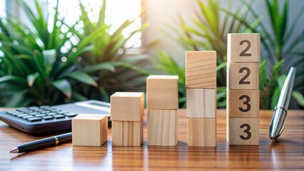 A wooden block transitions from 2023 to 2024, surrounded by notes, pens, and a calculator, symbolizing business growth, objective setting, and financial planning for the new year.