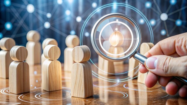 Magnifying glass zooms in on a wooden human-shaped doll surrounded by targets, symbolizing customer focus, data exchange, and relationship management in a futuristic setting.