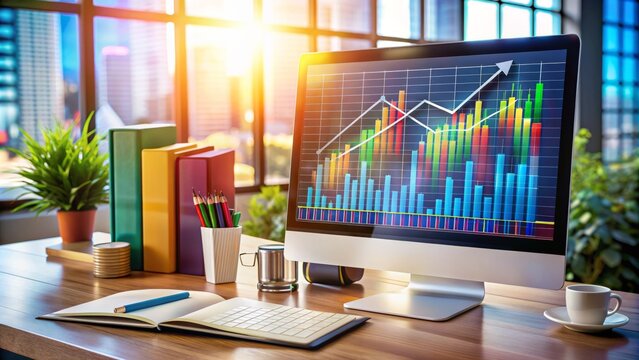 Colorful financial graphs and charts displaying economic growth, interest rates, and dividend yields on a modern desktop, surrounded by business reports and investment strategy books.