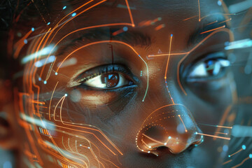 A closeup of a woman face with futuristic digital symbols, lines illuminating her face, focus on her pupils 