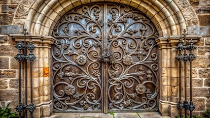 Ornate, ancient, intricately decorated silver iron church door with filigree, flowers, and curled vines, set amidst worn stone walls, evoking history and reverence.