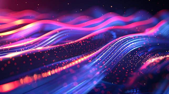 abstract background with neon glowing lines and bokeh lights on a dark purple backdrop. Digital illustration of futuristic waves in the style of blue and pink colors