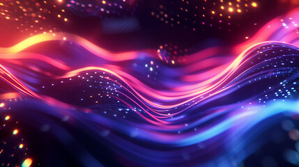 abstract neon wavy background with glowing particles and bokeh lights. Digital technology concept, purple blue color, 3d render illustration