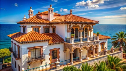 Obraz premium Sunny mediterranean coastal villa with intricately carved white stucco faÃ§ade, ornate ironwork, and terracotta roof tiles, set against a brilliant blue sky and turquoise sea.