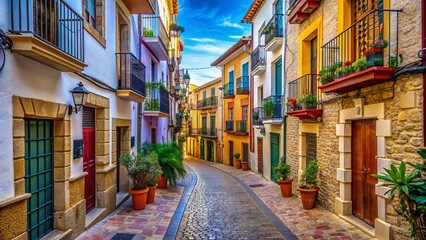 Fototapeta premium Narrow, winding cobblestone street lined with ancient stone buildings, colorful shutters, and ornate ironwork in historic calpe old town, alicante province, spain.