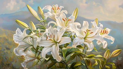  White Lilies in Bloom. lilies of the valley. AI-generated image
