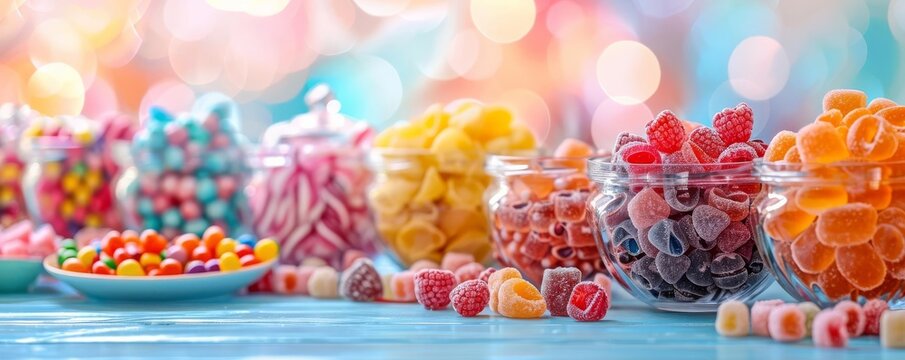 Birthday Party Candy Buffet Focus on a candy buffet with various sweets, with a party background, empty space left for text