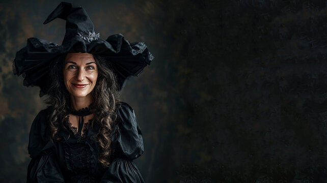 Portrait of an elderly good witch in black clothes and a magic hat on a dark background, An elderly woman with a wrinkled face and a kind smile