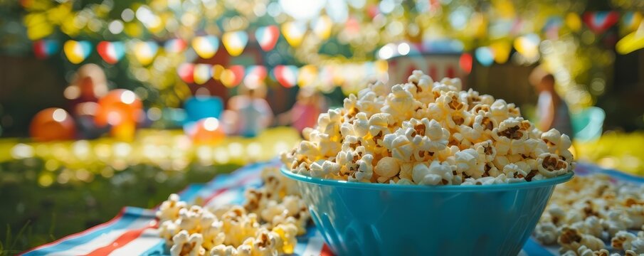Birthday Party Popcorn Focus on a popcorn machine at a birthday party, with children enjoying popcorn, with a backyard background, empty space left for text