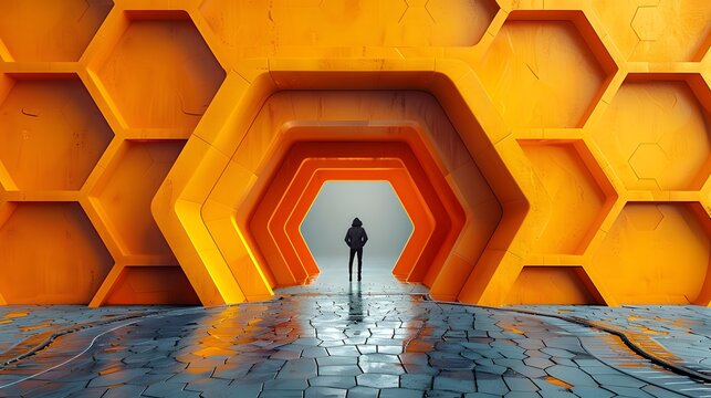 Silhouetted Figure in Vibrant Orange Hexagonal Tunnel for Futuristic Conceptual Background