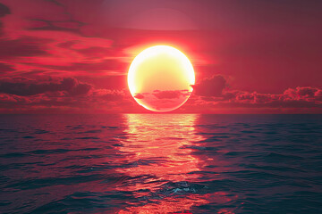 Obraz premium Vibrant 3D Sunset Over Ocean: Red Sky, Water Surface, and Sun