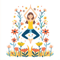 Woman practicing yoga surrounded flowers, peaceful meditation pose. Smiling female cartoon character doing yoga, lotus position, harmony nature. Flat design yoga session, wellness health, floral