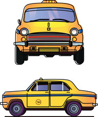 Sticker of Kolkata yellow taxi. front and side view of an Indian yellow color taxi