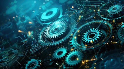 Blue hologram illustration design with cog gear advanced technology artificial intelligence background.