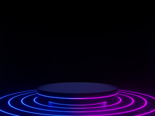 3D black podium with gradient neon lights.
