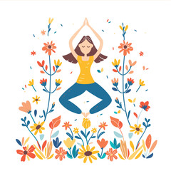 Woman practicing yoga surrounded colorful flowers, serene meditation pose, tranquility wellbeing concept. Female illustrated character yellow shirt blue pants doing lotus pose, cheerful floral