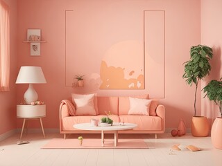 Peach fuzz, bare room, tiny living room inside. peach-colored wall paint. 2024's color theme. backdrop mockup. 3D model