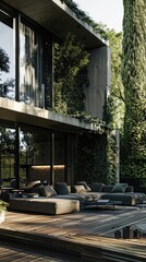 Modern garden terrace with wooden outdoor furniture, sofa and coffee table in the center of an urban courtyard surrounded by green plants