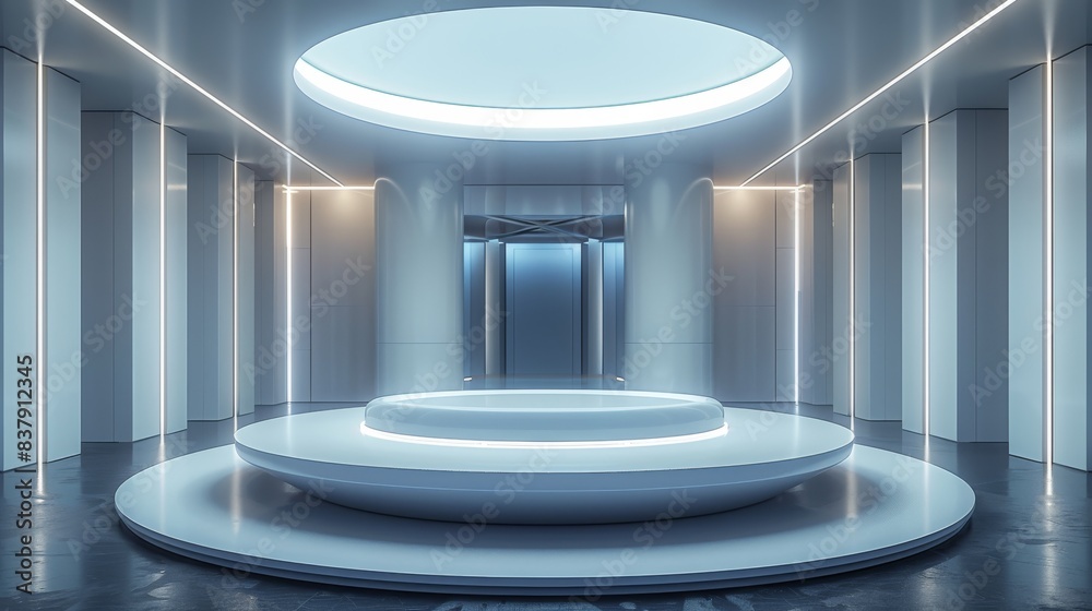 Poster A white circular display table, cool tones of light and high-tech elements. Generative AI.