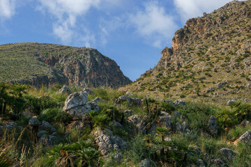Mountain landscape at the Zingaro Nature Reserve at the mediterranean sea, San Vito Lo Capo, Sicily, Italy