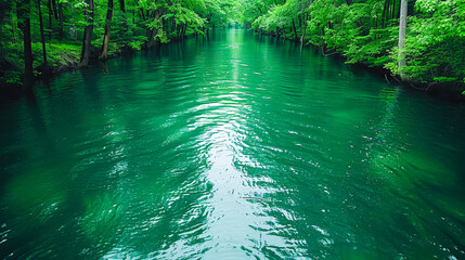 Tranquil green river flowing through a lush forest