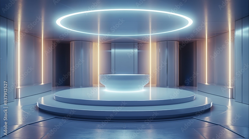Poster A white circular display table, cool tones of light and high-tech elements. Generative AI.