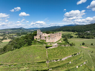 Luftbild von der Burg Staufen, auf einem Weinberg, Schlossberg, Staufen im Breisgau,...