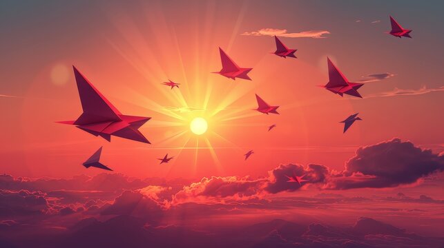 Dynamic sunset scene with paper planes in flight, digital art style emphasizing warm tones and motion - Powered by Adobe