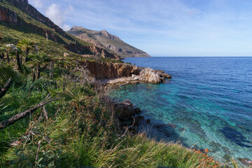 Fototapeta premium Famous natural reserve Riserva Naturale Orientata dello Zingaro with beautiful turquoise sea water, San Vito Lo Capo, Sicily, Italy