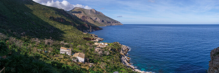 Panoramic view of famous natural reserve Riserva Naturale Orientata dello Zingaro with beautiful turquoise sea water, San Vito Lo Capo, Sicily, Italy