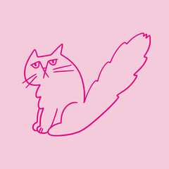 Cute doodle cat with funny grumpy face. Hand drawn outline lying kitty. Fluffy playful cartoon character for t-shirt print, decorations.