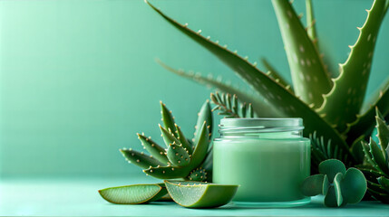 Aloe Vera Leaves with Cream Cosmetic Container mockup template on Green Background. Natural Skincare Concept and wellness theme