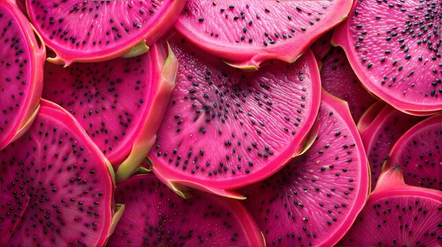 Vibrant Pink Dragon Fruit Slices Background with Black Seeds - Fresh Tropical Organic Fruit Texture, Top View