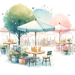 Obraz premium Outdoor Beer Garden with Tables and Umbrellas 