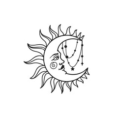 Moon vector illustration, hand drawn celestial boho line art logo, icons and symbol mystic moon tattoo elements for decoration